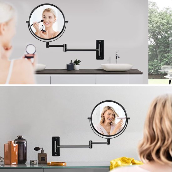 Cosmetic Mirror Wall Mount 1x/5x Magnification Diameter 8 Inch 360° Double-Sided Extendable Shaving Mirror Round Arm Makeup Mirror for Bathroom Black