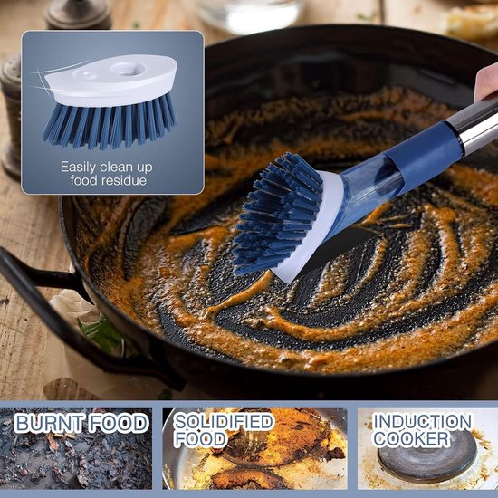 Afwasborstel met afwasmiddeldispenser, reinigingsborstel met 4 verschillende reservekoppen, keukenreinigingsborstel met 27 cm steel voor servies, potten, keukenspoelbakken reiniging