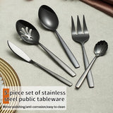 5 stuks zwart bestek, roestvrijstalen bestek met zwarte titanium coating, serveerlepel, schuimlepel, serveervork, suikerlepel, boterstrooier, vaatwasmachinebestendig
