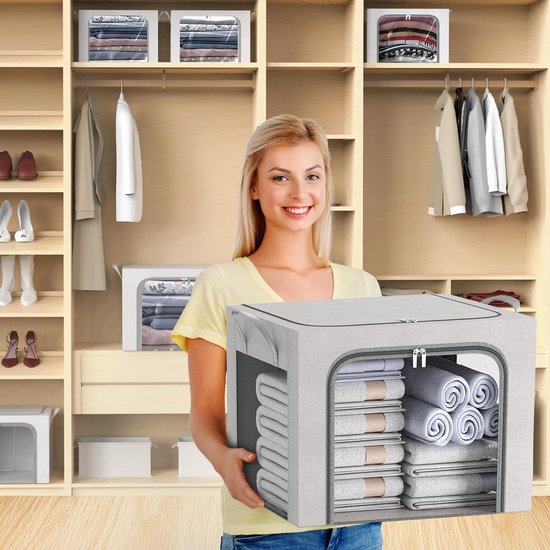 2 stuks opbergdozen voor kleding, opvouwbare kledingopbergbox met metalen frame en 3 ramen, opbergtas voor dekbedden, dekens en kleding, grijs (100 liter)