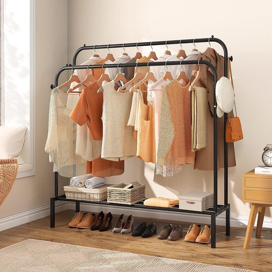 Kledingrek met 2 kledingstangen, multifunctionele kapstok van metaal met 1 plank en 4 haken, voor kleding, tassen en schoenen