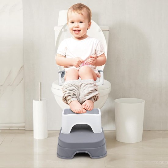 Toiletbril voor kinderen met opstapje voor kinderen, potje voor kinderen met kruk, kinderen vanaf 1 - 7 jaar, kindertoilet, babyzitje, antislip bekleding, wc-opzetstuk (grijs)