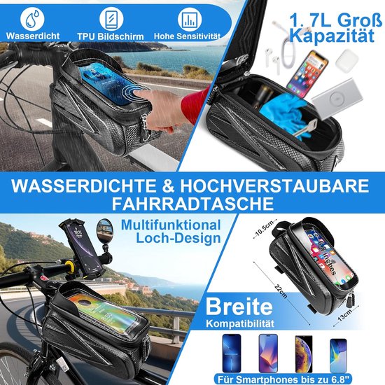 9 in 1 fietstas Fietsframetas Stuurtas Accessoires voor smartphone tot 6,8 inch Mobiele telefoonhouder Fietsstuur Waterdicht Flessenhouder Fiets 360° Fietsspiegel Reflecterend