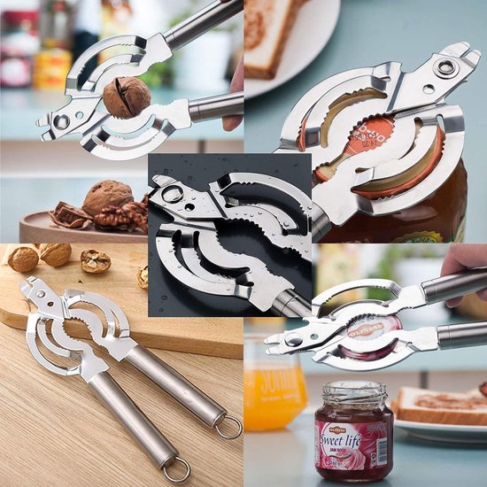 Ovenfner 8-in-1 multifunctionele opener, handmatige blikopener, met roestvrijstalen buchsenkachel en flesopener, ergonomische handgreep, geschikt voor oudere senioren met artritis, zwakke handen