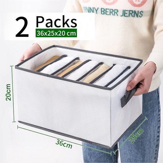 Lade-kledingorganizer, 7 vakken, opvouwbare kledingkastscheidingswanden met handvat, multifunctionele kastopbergdoos, opvouwbare kastorganizer, set van 2 (grijze rand)