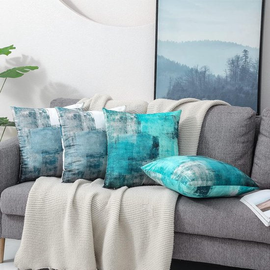 Decoratieve kussensloop, 40 x 40 cm, set van 2 fluwelen kussenslopen, blauw, bank, landhuisstijl, esthetisch sierkussen, vierkant, bankkussen, outdoor kussen, sierkussen