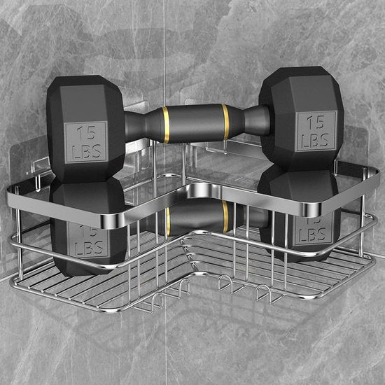 Hoek-doucheplank, set van 4, zelfklevende doucheplanken met zeephouder, geen boren, roestvrij staal, badkamer-douche-organizer, wandmontage, grote doucheplank (zilver)