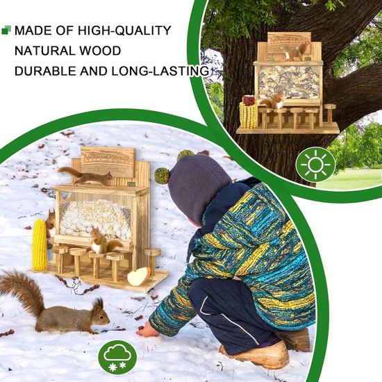 Eekhoorntje, voederhuis van grenenhout, eekhoorntje, voederhuis met maïskolfhouder, eekhoornhuis voor buiten, chipmunk-voederstation voor achtertuin, buiten, tuin (A)