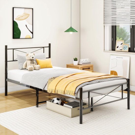 Metalen bed met lattenbodem, bedframe met hoofdeinde, eenpersoonsbed, gastenbed, eenpersoonsbedframe, 90 x 200 cm, zwart