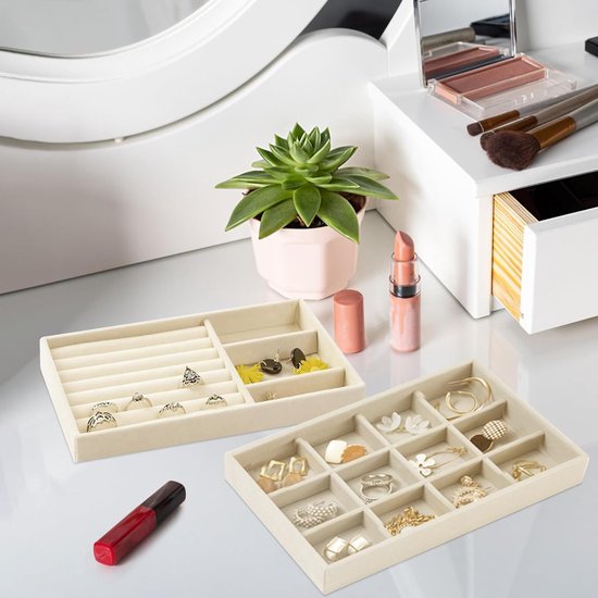 4 stuks sieradendoosje, 21 x 12,5 x 2,5 cm, fluwelen sieradeninzetstuk voor laden, sieradenkistjes, stapelbaar, sieradenopslag lade voor halskettingen, armbanden, oorbellen, ringen, horloges