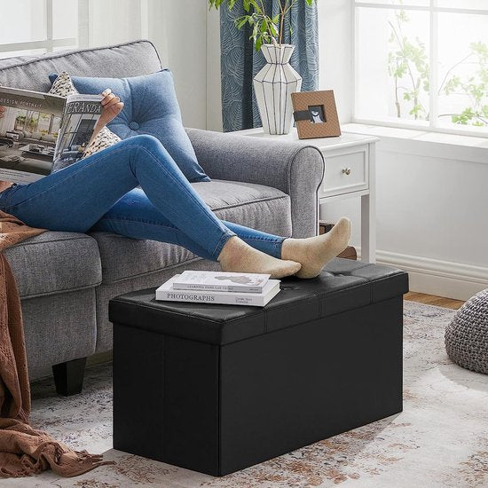 Kruk 80 liter, opbergdoos, voetenbank, opvouwbaar, tot 300 kg belastbaar, kunsthoes leeg, stof aarde, zwart