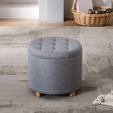 Kruk met opbergruimte, ronde zitting met deksel, zitkist, voetenbankkist opbergdoos, linnen, 44 L, 45 x 45 x 41 cm, lichtgrijs