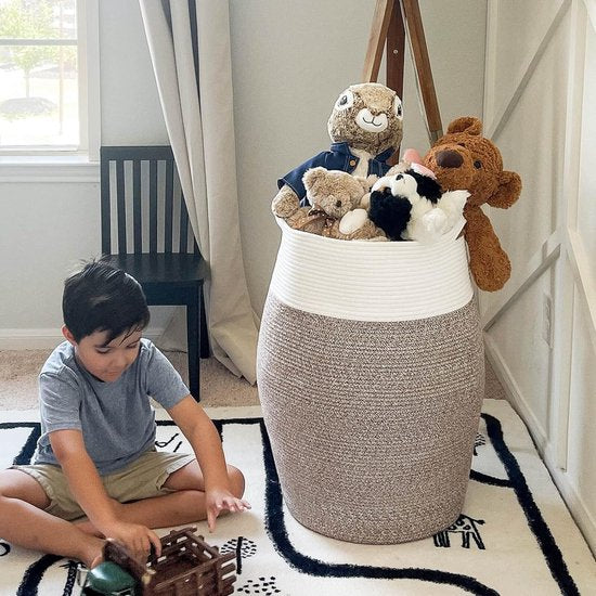 wasmand grote opbergmand van gevlochten katoenen touw voor vuile kleren in de wasruimte 65 cm hoog, wit en bruin