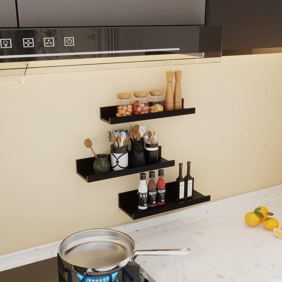 40 cm lang wandrek, zwart, rustiek zwevend rek, fotolijst voor woonkamer, keuken, kinderkamer of slaapkamer, 3 stuks in verschillende maten