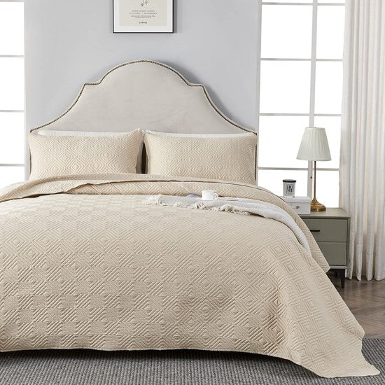 Sprei, bedsprei, 220 x 240 cm, beige, sprei gemaakt van microvezel, bedsprei, set met 2 kussenslopen van 50 x 75 cm.
