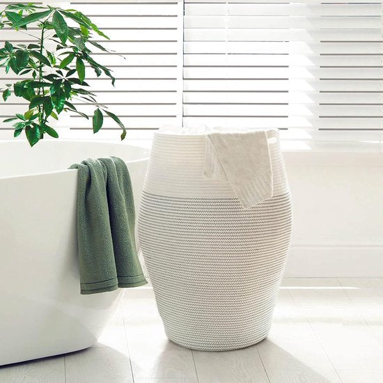 Wasmand, grote opbergmand, gevlochten katoenen touw voor knuffelige kleding in de bijkeuken, 65 cm hoog, wit met zwarte naad