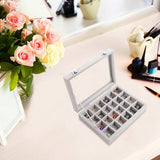 Organizer ring opbergdoos, sieradendoos grijs (24 vakken), fluwelen doos met glazen deksel, 20,2 x 15,1 x 4,6 cm, sieradendoos voor ringen, oorbellen, armbanden, hout, glas