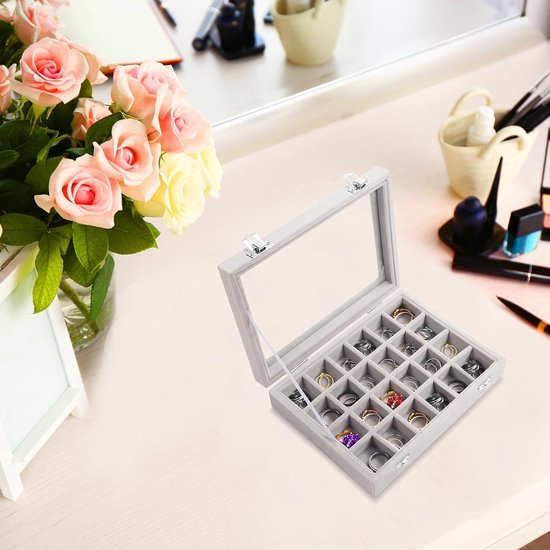 Organizer ring opbergdoos, sieradendoos grijs (24 vakken), fluwelen doos met glazen deksel, 20,2 x 15,1 x 4,6 cm, sieradendoos voor ringen, oorbellen, armbanden, hout, glas
