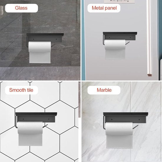 Space aluminium toiletrolhouder met ruime planken, toiletrolhouder wandhouder voor toilet en keuken, zonder boren met plank (zwart)