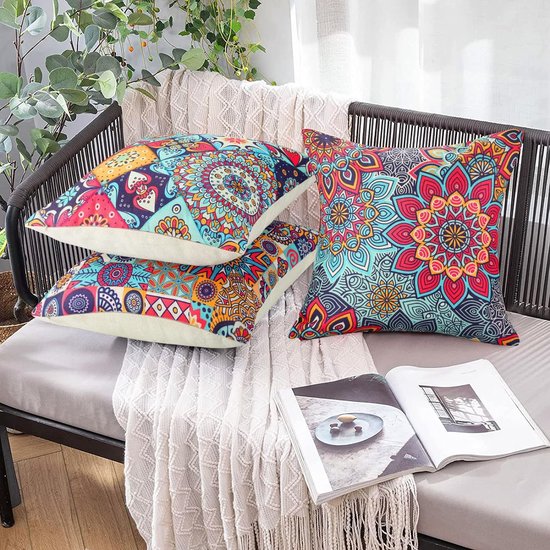Set van 4 mandala kussenhoezen, 40 x 40 cm, waterdicht, boho, linnen, sierkussenhoezen, etno, voor slaapkamer, bank, auto, woondecoratie, 40 x 40 cm, 40 x 40 cm