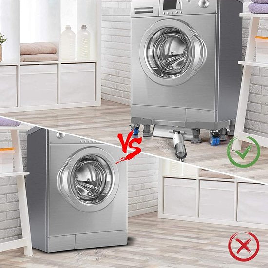 Wasmachinebasis met 8 voet + 4 wielen voor wasmachine, koelkast en droger, verstelbare wasmachinebasis met antislip schokabsorptiefunctie, (verstelbaar: 40-63 cm)
