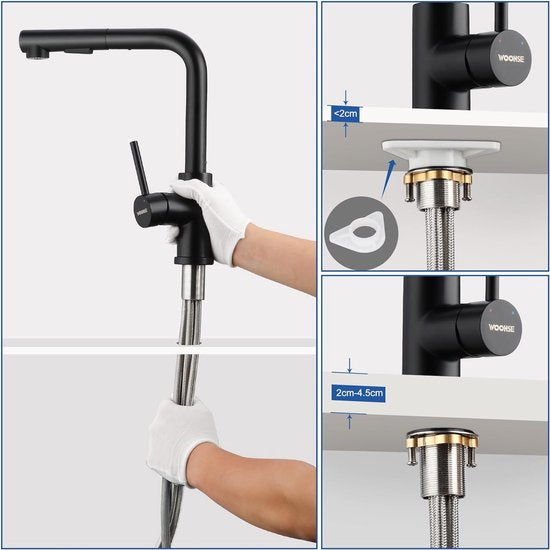 Keukenkraan met sproeier, uittrekbaar, hogedruk waterkraan, keuken, zwart, 360° rotatie, spoelbakarmatuur met douche, twee waterstraalsoorten, keukenkraan van roestvrij staal 304, mengkraan