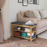 Schoenenbank, bamboe schoenenrek met kussen, schoenenkast met bank, schoenenrek met 3 vakken, stabiel staand rek, ideaal voor entree, badkamer, woonkamer, hal, natuurlijk