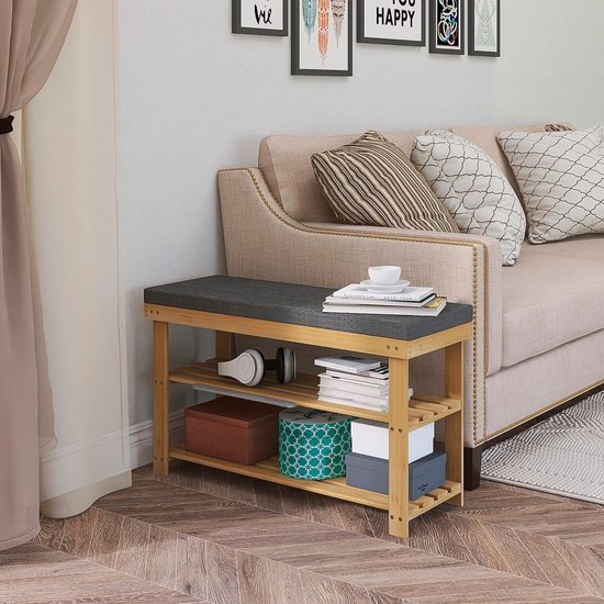 Schoenenbank, bamboe schoenenrek met kussen, schoenenkast met bank, schoenenrek met 3 vakken, stabiel staand rek, ideaal voor entree, badkamer, woonkamer, hal, natuurlijk