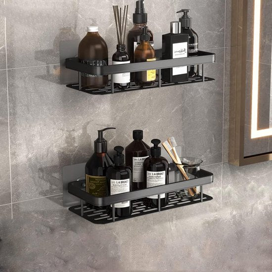 2 stuks doucheplank zonder boren, douchemanden, wandplank met 10 stuks S-haken, douchemand, badkamerrek, zelfklevend, ruimte-aluminium, roestvrij (zwart)