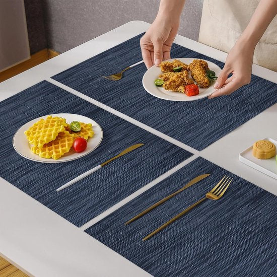 Placemats, afwasbaar, set van 6 placemats, (70% pvc, 30% polyester), hittebestendig, antislip, voor keukentafel en restaurants, blauw