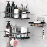 Doucheplank, zonder boren, doucheplank zonder boren, met zeepbakje en 4 haken, badkamerorganizer, douchemand, shampoohouder voor badkamer, keuken, toilet, 304 roestvrij staal, zwart, 3 stuks