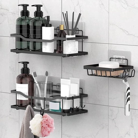 Doucheplank, zonder boren, doucheplank zonder boren, met zeepbakje en 4 haken, badkamerorganizer, douchemand, shampoohouder voor badkamer, keuken, toilet, 304 roestvrij staal, zwart, 3 stuks