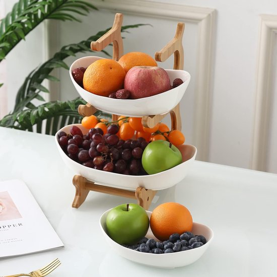 Fruitmand met 3 niveaus, keramiek, natuurlijke bamboestandaard, keuken, organizer voor groenten en fruit, standaard, serveerbord voor fruit, cake, snoep (reservedeel)