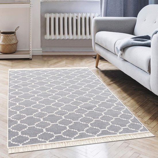 Tapijtloper - tapijt voor woonkamer, slaapkamer, keuken, kinderkamer, badkamer - Boho Kelim tapijten - loper gang tapijt lichtgrijs-wit, maat: 120x170 cm