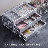Sieradendoosje voor dames, sieradenkistje met 3 laden, acryl sieradendoos + lippenstift organizer voor ringen, horloges, oorbellen, armbanden, halskettingen