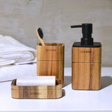 Badkameraccessoireset acaciahout 3-delig incl. badzeepdispenser, badkamerbeker, zeepbakje accessoires voor badkamer decor