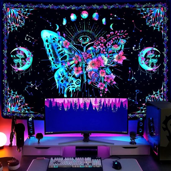 Blacklight Vlinder Wandtapijt, UV-reactieve bloemen, wanddoek, maanfasen, mot, wandtapijt, hippie, esthetisch, voor slaapkamer en woonkamer, 210 x 150 cm