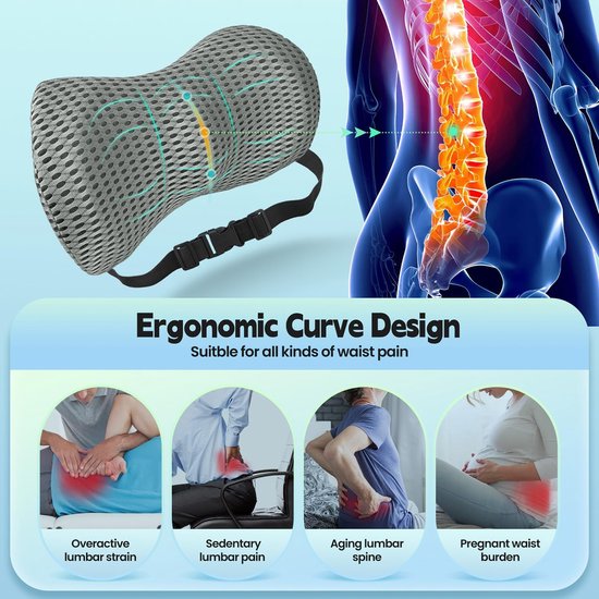 Lendenkussen, Memory Foam Lendensteunkussen voor bureaustoel en autostoel, Rugkussen met verstelbare riem, Ergonomisch ontwerp voor lendenbed, Verlichting van rugpijn
