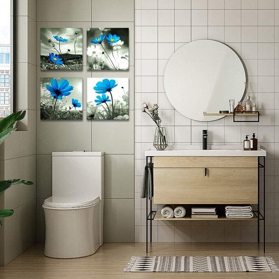 4-delige canvasafbeeldingen met blauwe bloemenmotief, kunstdruk, moderne muurfoto voor badkamer, woonkamer, wanddecoratie - 30 x 30 cm