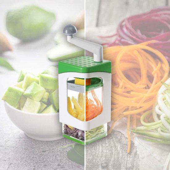 Spiraalsnijder, 13-delig, Zoodle Maker + dobbelsnijder in een set voor spiralen en dobbelstenen, bevat 7 snijinzetstukken en opvangbak 1200 ml, groen