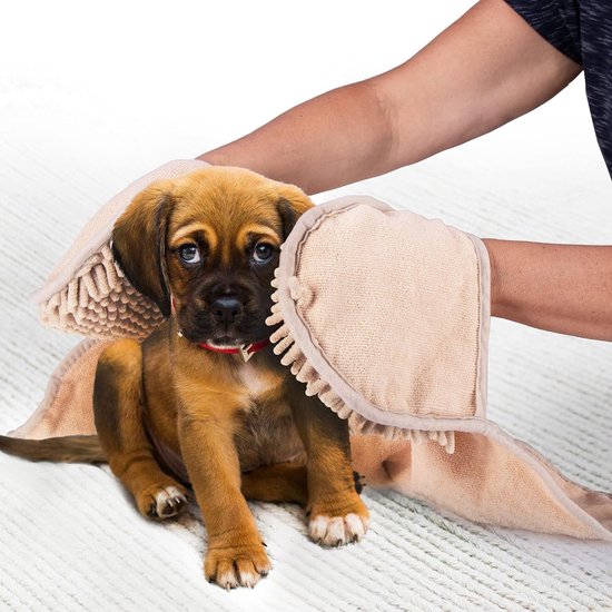 Hondenhanddoek - droogdoek met gulp - chenille drooghanddoek - huisdierhanddoek met handzakken - extra absorberend - badhanddoek voor huisdieren (1 stuk - beige)