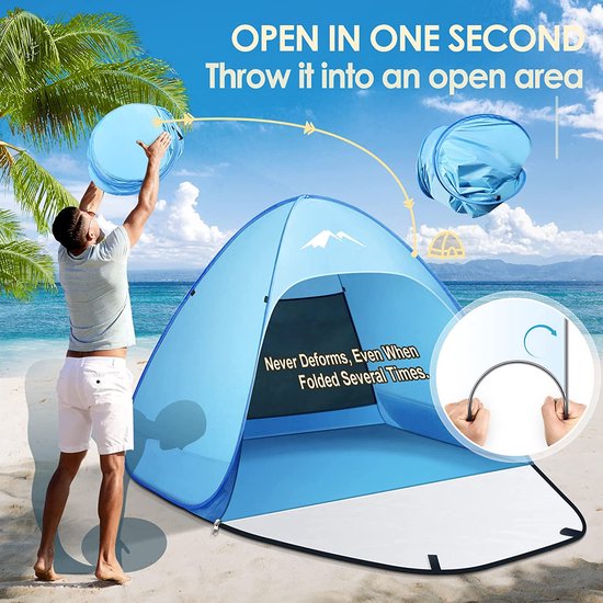 Pop-up strandtent voor S (1-3) personen/L (2-4) personen met dubbele ritsdeuren, UV bescherming, Draagbare extra lichte strandtent, voor tuin, barbecue feeest, wandeltochten