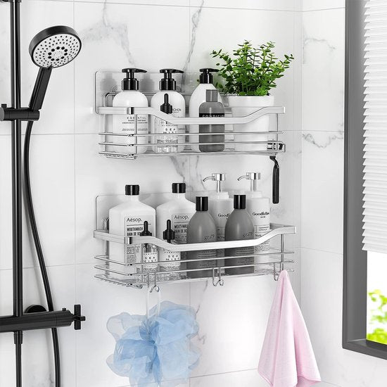 Shower Shelf No Drilling SUS304 Stainless Steel Shower Shelf with 5 Hooks Shower Baskets for Bathroom Kitchen Toilet Pack of 2
