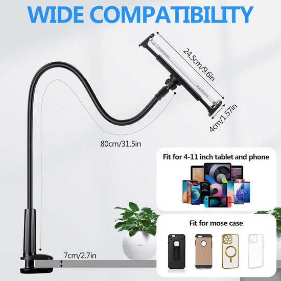 Houder voor tabletbed, 360° flexibele zwanenhals tablethouder, mobiele telefoonhouder bed, tablethouder, tablethouder voor iPad, Galaxy Tabs/Kindle Fire, 4-11 inch mobiele telefoons en tablets,