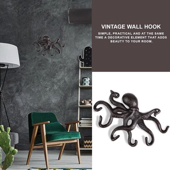 Octopus kapstokken, rustieke kapstokken, gietijzeren muurhaken met schroeven, kapstokken muur om op te hangen, kleding, sleutels, hoeden, tassen, donkerbruin
