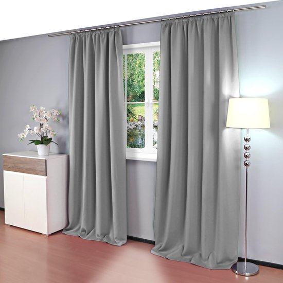 Thermogordijn, ondoorzichtig, eenkleurig verduisteringsgordijn met universele plooiband, 2 stuks, grijs