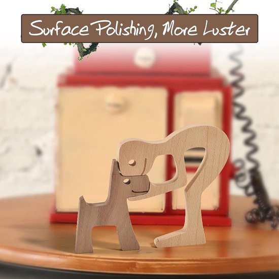 Familie Puppy Kat Houtsnijwerk Ornamenten, Natuurlijk Massief Hout Schattige Puppy, Kitten en Mensen Ambachten Standbeeld Sculptuur Ornament Home Decor (Mannen Kiss Puppy)