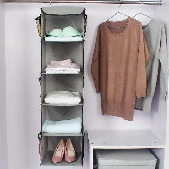 Hangrek, set van 2 hangende opbergers met 5 vakken, campingkastorganizer met metalen frame, organizer opbergsysteem voor kledingkasten, 30 x 30 x 108 cm, grijs