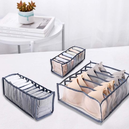3-delige opvouwbare mesh-organizer, ondergoed-lade-organizer voor babykleding, sokken, sjaals, beha's (wit, bruin, grijs, zwart) (grijs) nylon