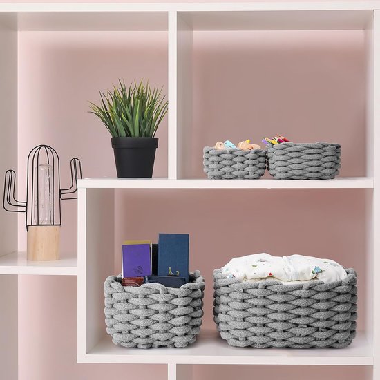 Set of 4 Storage Baskets Braided Cotton Rope - Basket Storage Braided - Stackable Storage Basket for Children's Room Living Room Bathroom, Grey